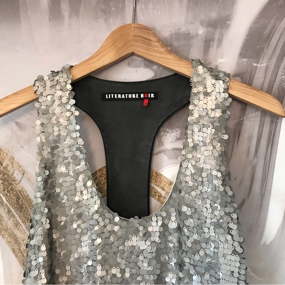 LITERATURE NOIR | Sexy Silver Sequin Mini Dress Black Leather Racer Back Size M - Picture 3 of 13
